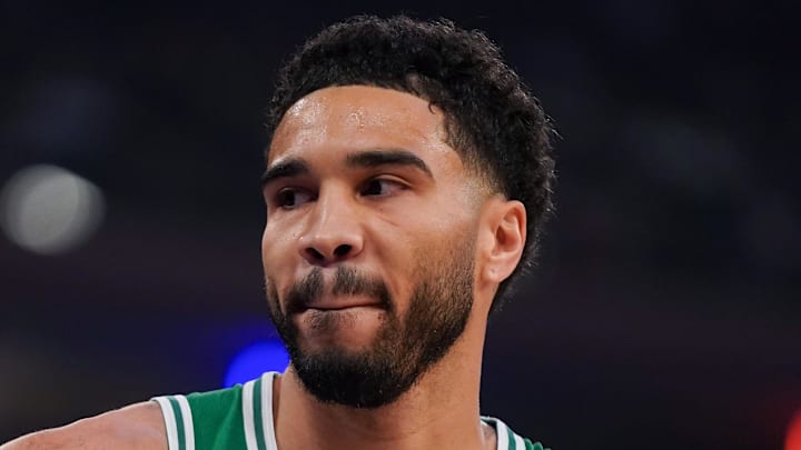 Apr 9, 2026; New York, New York, USA; Boston Celtics forward Jayson Tatum (0) looks on during the first half against the New York Knicks at Madison Square Garden. Mandatory Credit: Lucas Boland-Imagn Images