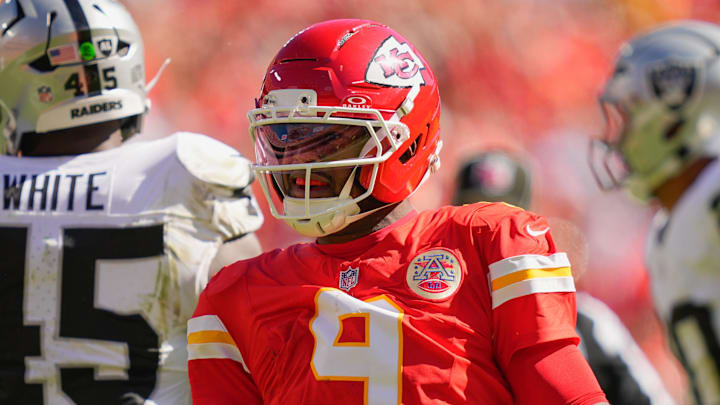 Oct 19, 2025; Kansas City, Missouri, USA; Kansas City Chiefs wide receiver Juju Smith-Schuster (9) reacts after a play against the Las Vegas Raiders during the second quarter of the game at GEHA Field at Arrowhead Stadium. Mandatory Credit: Jay Biggerstaff-Imagn Images Oct 19, 2025; Kansas City, Missouri, USA; Kansas City Chiefs wide receiver Juju Smith-Schuster (9) reacts after a play against the Las Vegas Raiders during the second quarter of the game at GEHA Field at Arrowhead Stadium. Mandatory Credit: Jay Biggerstaff-Imagn Images