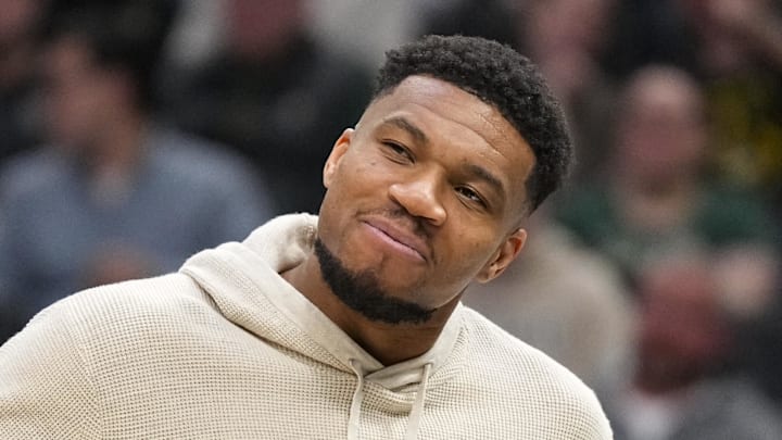 Milwaukee Bucks forward Giannis Antetokounmpo reacts against the Brooklyn Nets at Fiserv Forum on Apr 10, 2026.