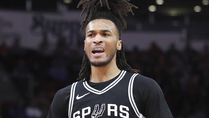 Feb 26, 2025; Houston, Texas, USA; San Antonio Spurs guard Stephon Castle (5) reacts after a play during the second quarter against the Houston Rockets at Toyota Center. Mandatory Credit: Troy Taormina-Imagn Images