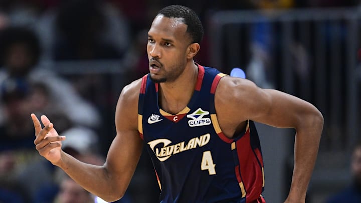 Apr 20, 2026; Cleveland, Ohio, USA; Cleveland Cavaliers center Evan Mobley (4) celebrates after making a three point basket during the second half during game two of the first round of the 2026 NBA Playoffs against the Toronto Raptors at Rocket Arena. Mandatory Credit: David Dermer-Imagn Images