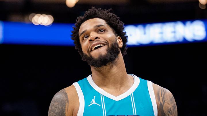 Mar 8, 2025; Charlotte, North Carolina, USA; Charlotte Hornets forward Miles Bridges (0) reacts during the fourth quarter against the Brooklyn Nets at Spectrum Center. Mandatory Credit: Scott Kinser-Imagn Images