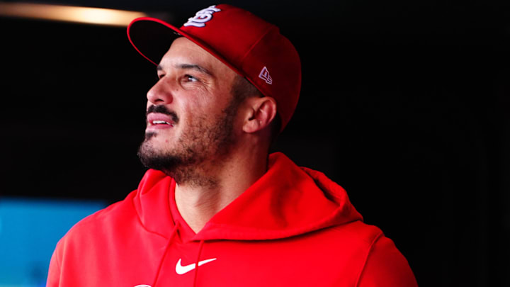 Sep 26, 2024; Denver, Colorado, USA; St. Louis Cardinals third base Nolan Arenado (28) in the dugout in the eighth inning against the Colorado Rockies at Coors Field Sep 26, 2024; Denver, Colorado, USA; St. Louis Cardinals third base Nolan Arenado (28) in the dugout in the eighth inning against the Colorado Rockies at Coors Field