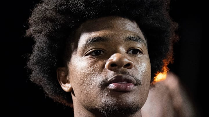 Antioch's Andre Adams (10) listens to Antioch Coach Arcentae Broome after their win over FRA after their game at Antioch High School in Antioch, Tenn., Thursday, Oct. 9, 2025. Both teams entered the contest undefeated on the season, but only Antioch remained that way after their 64-62 win. Antioch's Andre Adams (10) listens to Antioch Coach Arcentae Broome after their win over FRA after their game at Antioch High School in Antioch, Tenn., Thursday, Oct. 9, 2025. Both teams entered the contest undefeated on the season, but only Antioch remained that way after their 64-62 win.