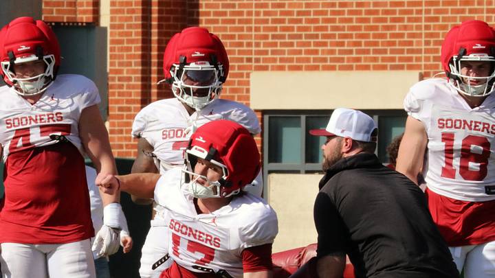 Oklahoma linebacker Jacob Curry works through a drill at one of the Sooners' spring practices.