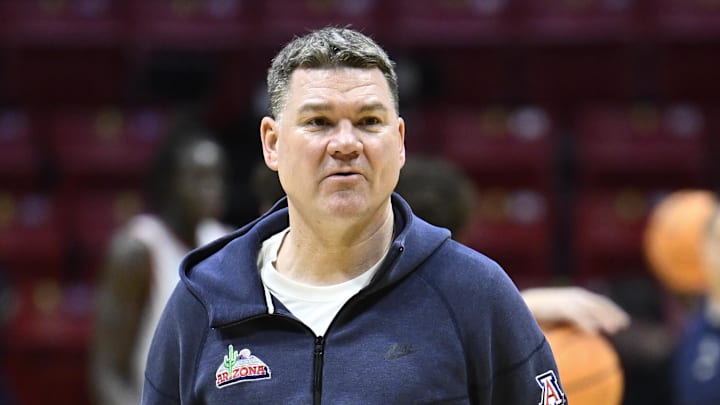Mar 19, 2026; San Diego, CA, USA; Arizona Wildcats head coach Tommy Lloyd looks on during a practice session ahead of the first round of the men's 2026 NCAA Tournament at Viejas Arena. Mandatory Credit: Denis Poroy-Imagn Images