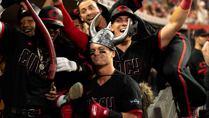 Matt McLain wears a Viking helmet after hitting a grand slam against the Arizona Diamondbacks at Great American Ball Park in Cincinnati on July 21. Matt McLain wears a Viking helmet after hitting a grand slam against the Arizona Diamondbacks at Great American Ball Park in Cincinnati on July 21.