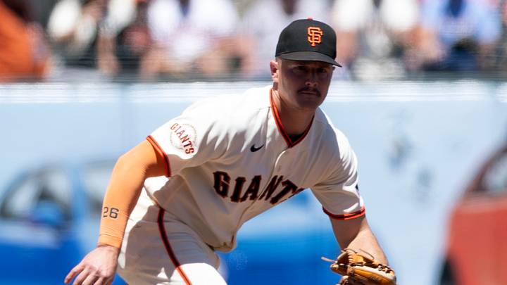 San Francisco, California, USA; San Francisco Giants third baseman Matt Chapman (26) tracks down a ground ball off the bat of Atlanta Braves second baseman Ozzie Albies (1) during the sixth inning at Oracle Park. Mandatory Credit: D. Ross Cameron-Imagn Images San Francisco, California, USA; San Francisco Giants third baseman Matt Chapman (26) tracks down a ground ball off the bat of Atlanta Braves second baseman Ozzie Albies (1) during the sixth inning at Oracle Park. Mandatory Credit: D. Ross Cameron-Imagn Images
