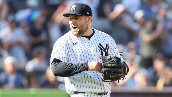 Aug 9, 2025; Bronx, New York, USA;  New York Yankees relief pitcher David Bednar (53) reacts after defeating the Houston Astros 5-4 at Yankee Stadium. Mandatory Credit: Wendell Cruz-Imagn Images