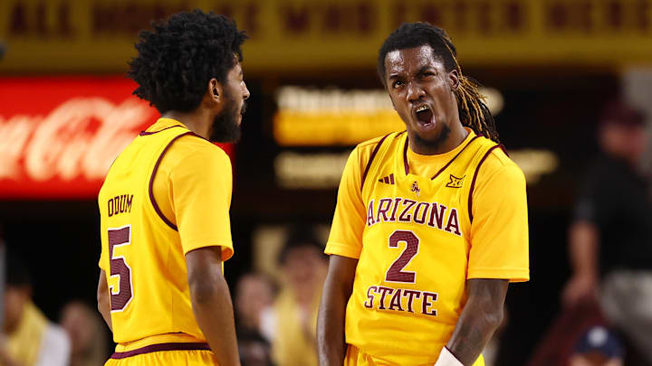 Feb 28, 2026; Tempe, Arizona, USA; Arizona State Sun Devils guard Anthony Johnson (2) celebrates with guard Maurice Odum (5) against the Utah Utes in the second half at Desert Financial Arena. Mandatory Credit: Mark J. Rebilas-Imagn Images Feb 28, 2026; Tempe, Arizona, USA; Arizona State Sun Devils guard Anthony Johnson (2) celebrates with guard Maurice Odum (5) against the Utah Utes in the second half at Desert Financial Arena. Mandatory Credit: Mark J. Rebilas-Imagn Images