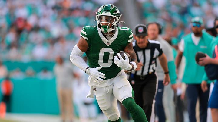 New York Jets running back Braelon Allen (0) runs with the football against the Miami Dolphins during the first quarter at Hard Rock Stadium. New York Jets running back Braelon Allen (0) runs with the football against the Miami Dolphins during the first quarter at Hard Rock Stadium.