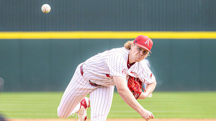 Aiden Jimenez throws a pitch against South Carolina as part of 4 1/3 scoreless innings against the Gamecocks. The Razorbacks won 12-3.