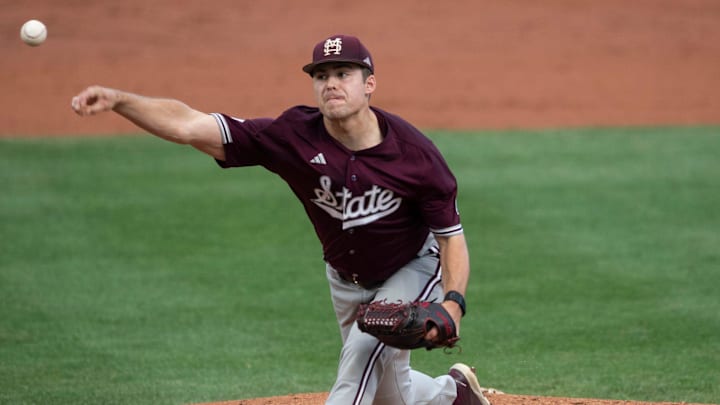 Mississippi State Bulldogs' Evan Siary (12) pitches as Auburn Tigers baseball takes on Mississippi State Bulldogs at Plainsman Park in Auburn, Ala., on Friday, April 25, 2025. Mississippi State Bulldogs' Evan Siary (12) pitches as Auburn Tigers baseball takes on Mississippi State Bulldogs at Plainsman Park in Auburn, Ala., on Friday, April 25, 2025.