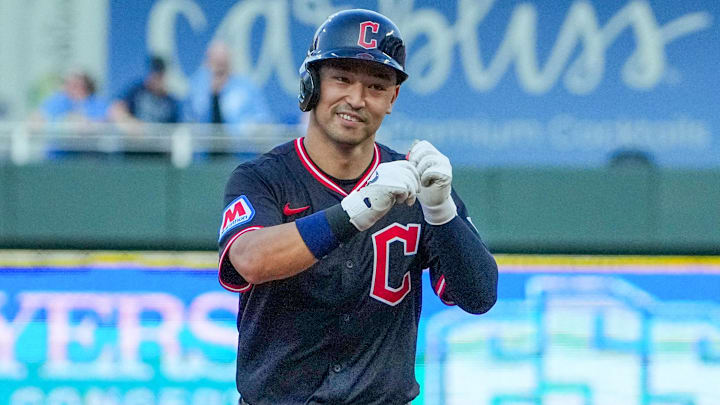 Jul 26, 2025; Kansas City, Missouri, USA; Cleveland Guardians left fielder Steven Kwan (38) celebrates while running the bases after hitting a two run home run against the Kansas City Royals in the fourth inning at Kauffman Stadium. Mandatory Credit: Denny Medley-Imagn Images