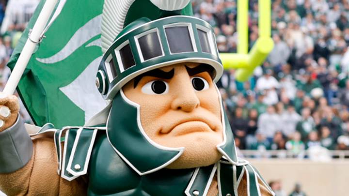 Michigan State mascot Sparty carries a flag during the Spartans' game against UCLA on Oct. 11, 2025. Michigan State mascot Sparty carries a flag during the Spartans' game against UCLA on Oct. 11, 2025.