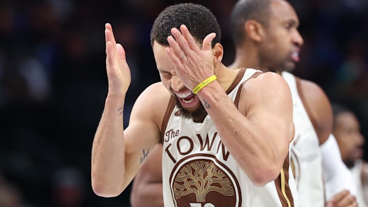 Jan 22, 2026; Dallas, Texas, USA; Golden State Warriors guard Stephen Curry (30) reacts against the Dallas Mavericks during the second half at American Airlines Center. Mandatory Credit: Kevin Jairaj-Imagn Images