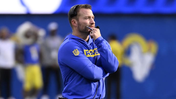 Oct 20, 2024; Inglewood, California, USA; Los Angeles Rams head coach Sean McVay watches during the second half against the Las Vegas Raiders at SoFi Stadium. Mandatory Credit: Alex Gallardo-Imagn Images Oct 20, 2024; Inglewood, California, USA; Los Angeles Rams head coach Sean McVay watches during the second half against the Las Vegas Raiders at SoFi Stadium. Mandatory Credit: Alex Gallardo-Imagn Images