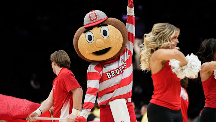 Ohio State Buckeyes mascot Brutus cheers during the second half of the NCAA men's basketball game against the Iowa Hawkeyes at Value City Arena on Jan. 27, 2025. Ohio State won 82-65. Ohio State Buckeyes mascot Brutus cheers during the second half of the NCAA men's basketball game against the Iowa Hawkeyes at Value City Arena on Jan. 27, 2025. Ohio State won 82-65.