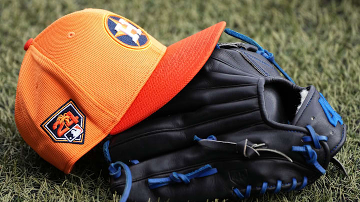 Detail photo of Houston Astros spring training cap. during workouts at spring training. 