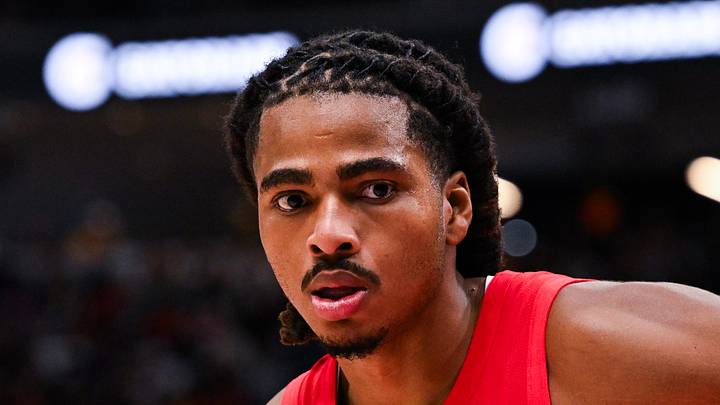 Toronto Raptors forward Collin Murray-Boyles looks on against the Miami Heat. Toronto Raptors forward Collin Murray-Boyles looks on against the Miami Heat.