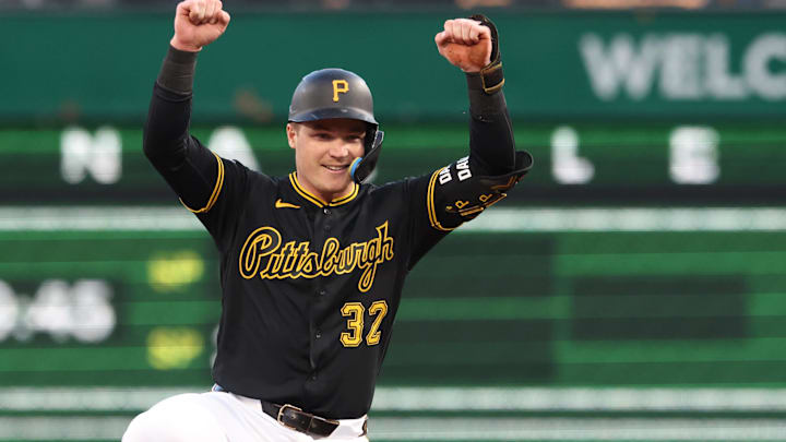 Apr 7, 2026; Pittsburgh, Pennsylvania, USA; Pittsburgh Pirates catcher Henry Davis (32) reacts at second base after hitting a double against the San Diego Padres during the third inning at PNC Park. Mandatory Credit: Charles LeClaire-Imagn Images Apr 7, 2026; Pittsburgh, Pennsylvania, USA; Pittsburgh Pirates catcher Henry Davis (32) reacts at second base after hitting a double against the San Diego Padres during the third inning at PNC Park. Mandatory Credit: Charles LeClaire-Imagn Images