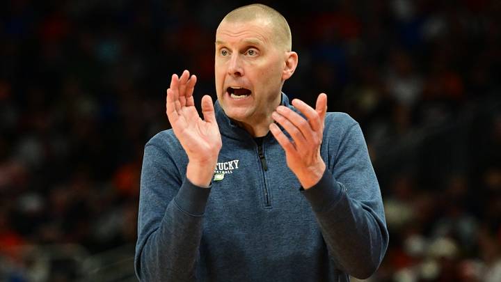 Mar 23, 2025; Milwaukee, WI, USA; Kentucky Wildcats head coach Mark Pope reacts during the second half in the second round of the NCAA Tournament against the Illinois Fighting Illini at Fiserv Forum. Mandatory Credit: Benny Sieu-Imagn Images Mar 23, 2025; Milwaukee, WI, USA; Kentucky Wildcats head coach Mark Pope reacts during the second half in the second round of the NCAA Tournament against the Illinois Fighting Illini at Fiserv Forum. Mandatory Credit: Benny Sieu-Imagn Images