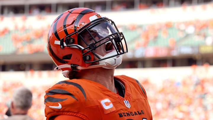 Sep 14, 2025; Cincinnati, Ohio, USA;  Cincinnati Bengals defensive end Trey Hendrickson (91) celebrates the win after the game against the Jacksonville Jaguars at Paycor Stadium. Mandatory Credit: Joseph Maiorana-Imagn Images