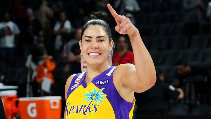 May 23, 2026; Las Vegas, Nevada, USA;  Los Angeles Sparks guard Kelsey Plum (10) gestures towards the sidelines after defeating the Las Vegas Aces at Michelob Ultra Arena. Mandatory Credit: Candice Ward-Imagn Images