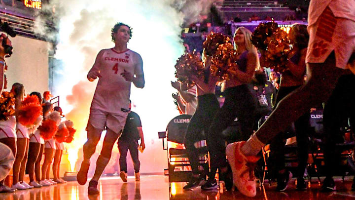 Clemson senior forward Ian Schieffelin (4) runs on the floor on the court before tipoff with Charleston Southern University at Littlejohn Coliseum in Clemson, S.C Monday, November 4, 2024.