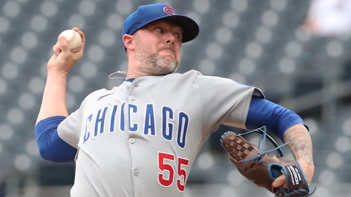 May 1, 2025; Pittsburgh, Pennsylvania, USA;  Chicago Cubs relief pitcher Ryan Pressly (55) pitches against the Pittsburgh Pirates during the ninth inning at PNC Park. 