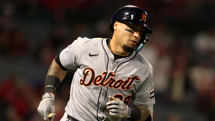 May 2, 2025; Anaheim, California, USA; Detroit Tigers third baseman Javier Baez (28) runs the bases after hitting a home run during the ninth inning against the Los Angeles Angels at Angel Stadium. 