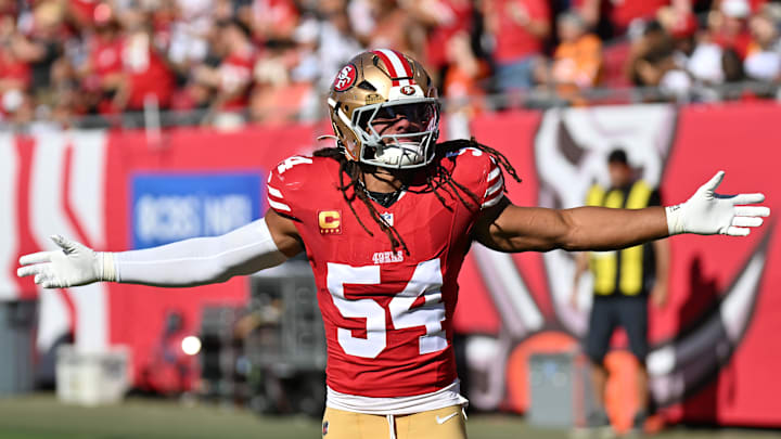 Oct 12, 2025; Tampa, Florida, USA; San Francisco 49ers linebacker Fred Warner (54) before the start of the game against the Tampa Bay Buccaneers  at Raymond James Stadium. Mandatory Credit: Jonathan Dyer-Imagn Images
