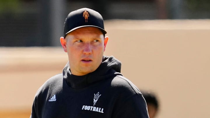 Arizona State head coach Kenny Dillingham watches his team as they run drills during a spring practice at Kajikawa practice fields in Tempe, Ariz. on April 14, 2026.