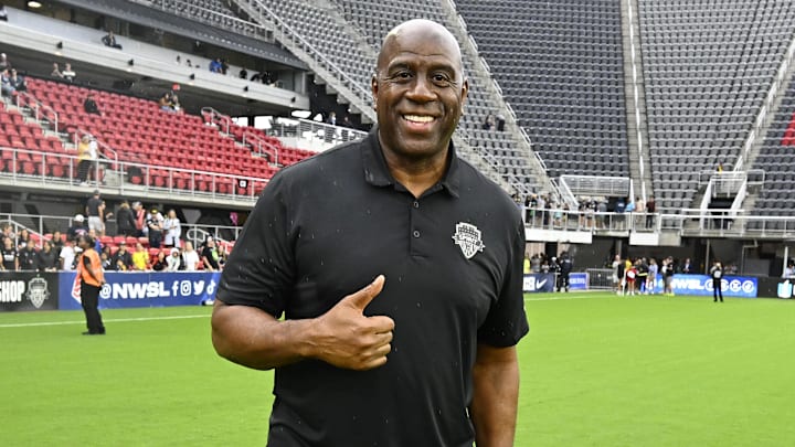 Sep 7, 2024; Washington, District of Columbia, USA; Washington Commanders owner Magic Johnson poses for a photo after the game between the Washington Spirit and Portland Thorns FC at Audi Field. Mandatory Credit: Brad Mills-Imagn Images