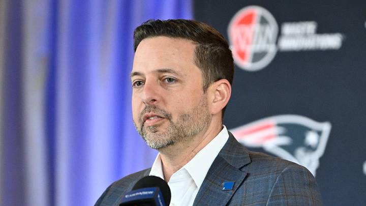 Mar 13, 2025; Foxborough, MA, USA; New England Patriots executive vice president of player personnel Eliot Wolf  discusses the teamís recent free agent additions with the media at Gillette Stadium. Mandatory Credit: Eric Canha-Imagn Images
