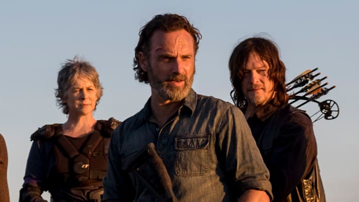 Cooper Andrews as Jerry, Khary Payton as Ezekiel, Danai Gurira as Michonne, Melissa McBride as Carol Peletier, Andrew Lincoln as Rick Grimes, Norman Reedus as Daryl Dixon, Christian Serratos as Rosita Espinosa - The Walking Dead _ Season 8, Episode 16 - Photo Credit: Gene Page/AMC