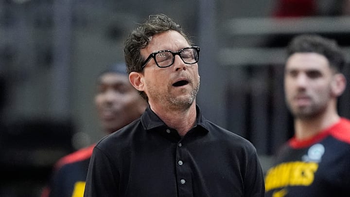 Atlanta Hawks head coach Quin Snyder reacts against the Milwaukee Bucks.