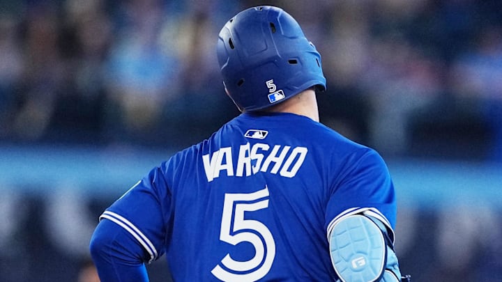 May 13, 2025; Toronto, Ontario, CAN; Toronto Blue Jays center fielder Daulton Varsho (5) runs the bases after hitting a home run against the Tampa Bay Rays during the fourth inning at Rogers Centre