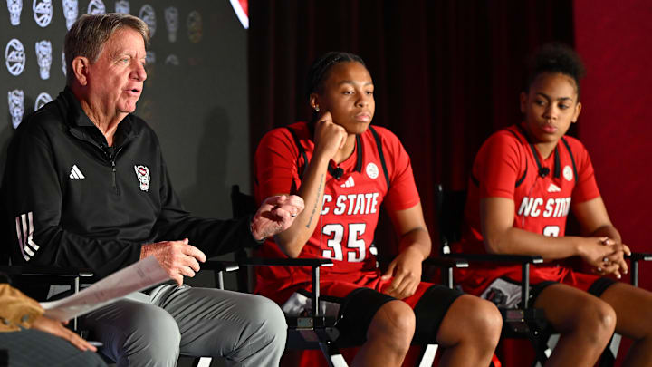 Oct 6, 2025; Charlotte, NC, USA; North Carolina State head coach Wes Moore answers questions from the media at The Hilton Charlotte Uptown. Mandatory Credit: William Howard-Imagn Images