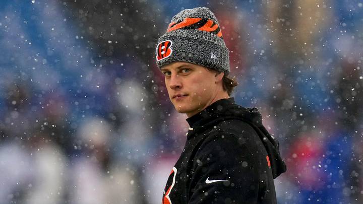 Cincinnati Bengals quarterback Joe Burrow (9) walks the field during warmups before the first quarter of the NFL Week 14 game between the Buffalo Bills and the Cincinnati Bengals at Highmark Stadium in Orchard Park, N.Y., on Sunday, Dec. 7, 2025.