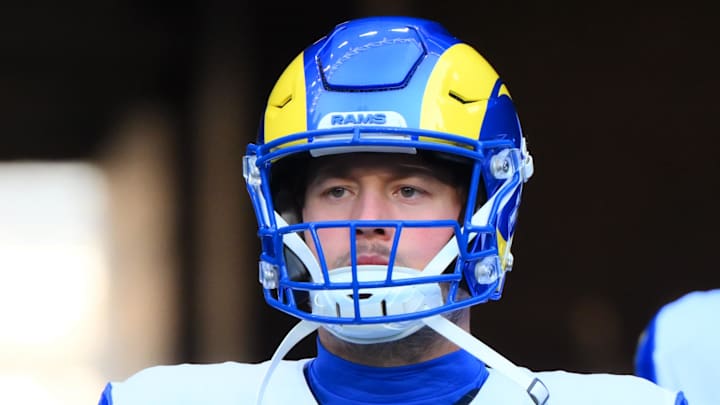 Jan 25, 2026; Seattle, WA, USA; Los Angeles Rams quarterback Matthew Stafford (9) walks on field before the 2026 NFC Championship Game against the Seattle Seahawks at Lumen Field. Mandatory Credit: Steven Bisig-Imagn Images