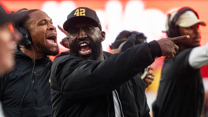 Nov 2, 2024; Lincoln, Nebraska, USA; UCLA Bruins head coach DeShaun Foster yells towards an official against the Nebraska Cornhuskers during the fourth quarter at Memorial Stadium. Mandatory Credit: Dylan Widger-Imagn Images