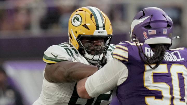 Green Bay Packers guardJacob Monk (62) blocks Minnesota Vikings defensive tackle Levi Drake Rodriguez in Week 1. Green Bay Packers guardJacob Monk (62) blocks Minnesota Vikings defensive tackle Levi Drake Rodriguez in Week 1.