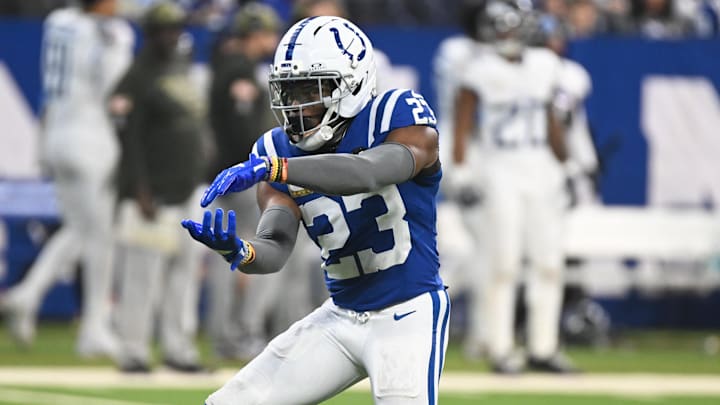 Oct 26, 2025; Indianapolis, Indiana, USA; Indianapolis Colts cornerback Kenny Moore II (23) celebrates a sack during the first quarter against the Tennessee Titans  at Lucas Oil Stadium. Mandatory Credit: Robert Goddin-Imagn Images