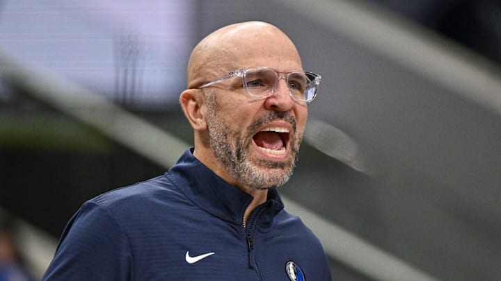 Feb 10, 2025; Dallas, Texas, USA; Dallas Mavericks head coach Jason Kidd yells to his team during the second half against the Sacramento Kings at the American Airlines Center. Mandatory Credit: Jerome Miron-Imagn Images