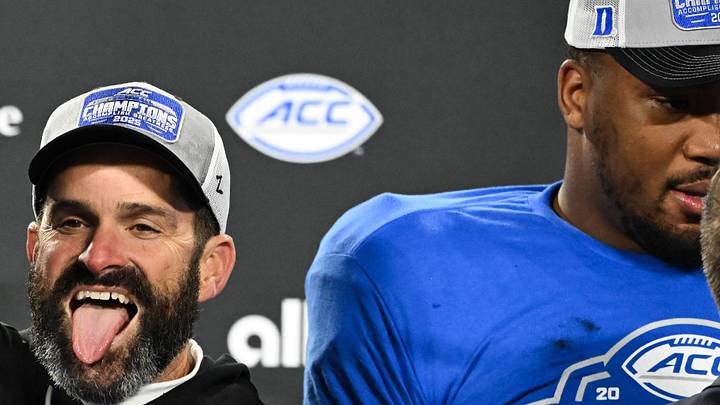 Dec 6, 2025; Charlotte, NC, USA; Duke Blue Devils head coach Manny Diaz celebrates defeating the Virginia Cavaliers at the 2025 ACC Championship game at Bank of America Stadium. Mandatory Credit: Bob Donnan-Imagn Images