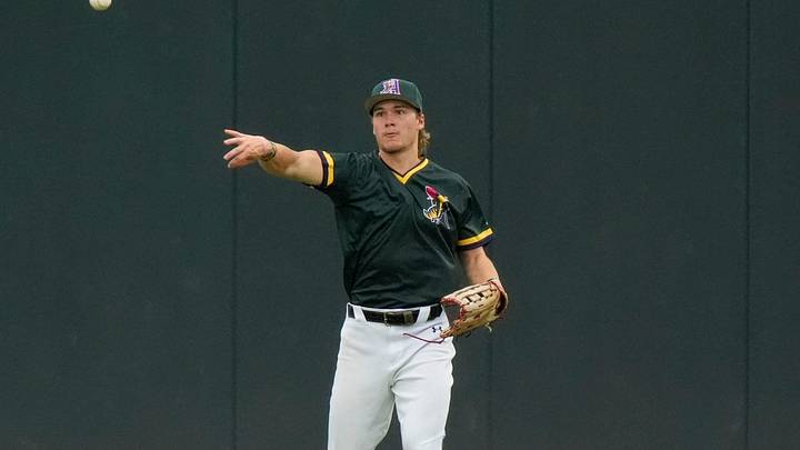 Aug 2, 2025; North Augusta, South Carolina, USA; GreenJacket outfielder Eric Hartman (17) throws the ball during the Augusta GreenJackets and Carolina Mudcats game at SRP Park. The GreenJackets won the fifth game of the series 5-3. Mandatory Credit: Katie Goodale - Augusta Chronicle/USA TODAY NETWORK