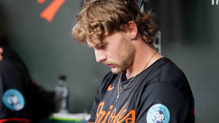 Sep 7, 2024; Baltimore, Maryland, USA; Baltimore Orioles shortstop Gunnar Henderson (2) studies video in between innings against the Tampa Bay Rays at Oriole Park at Camden Yards