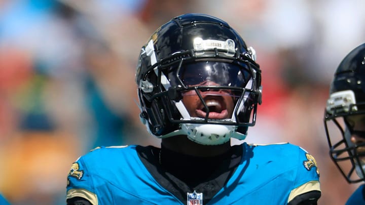Jacksonville Jaguars wide receiver Travis Hunter (12) reacts to a tackle during the second quarter of an NFL football matchup at EverBank Stadium, Sunday, Sept. 21, 2025, in Jacksonville, Fla. The Jaguars defeated the Texans 17-10.
