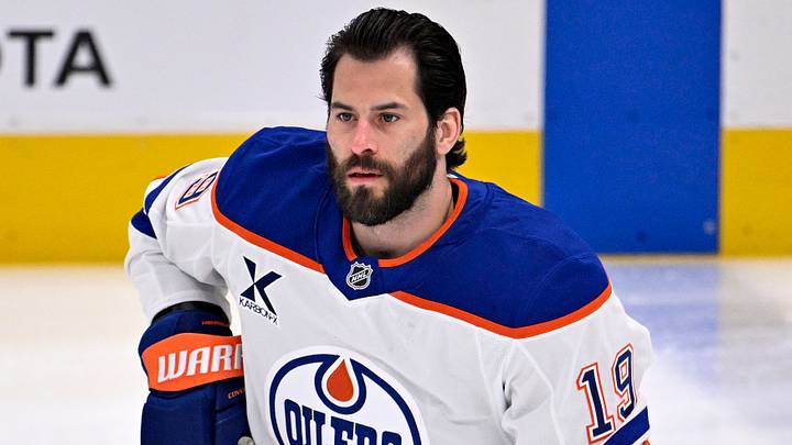May 21, 2025; Dallas, Texas, USA; Edmonton Oilers center Adam Henrique (19) practices before game one of the Western Conference Final of the 2025 Stanley Cup Playoffs at American Airlines Center. Mandatory Credit: Jerome Miron-Imagn Images